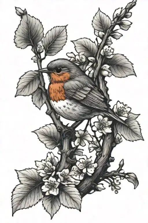 Robin And Cherry Tree Branch