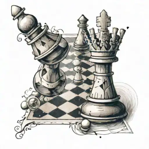 A Tattoo Featuring A Chess Board With Pieces Made Of Drawing Tools