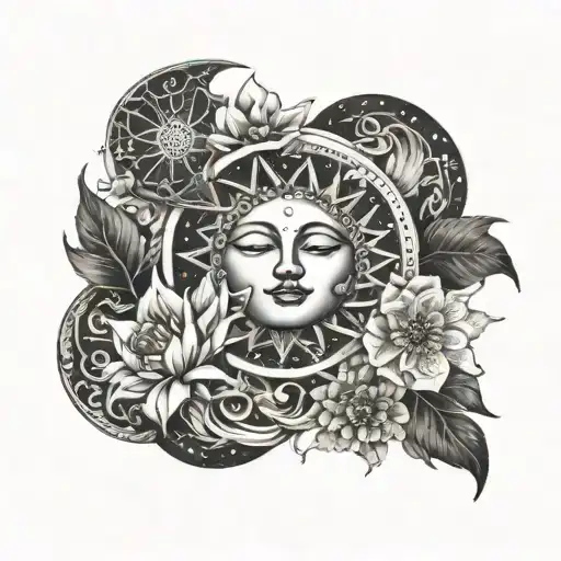 A Sun And Moon Entwined With Blooming Flowers