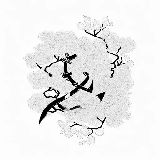 An Anchor Made Of Cherry Blossom Branches With A Samurai Sword Entwined Within