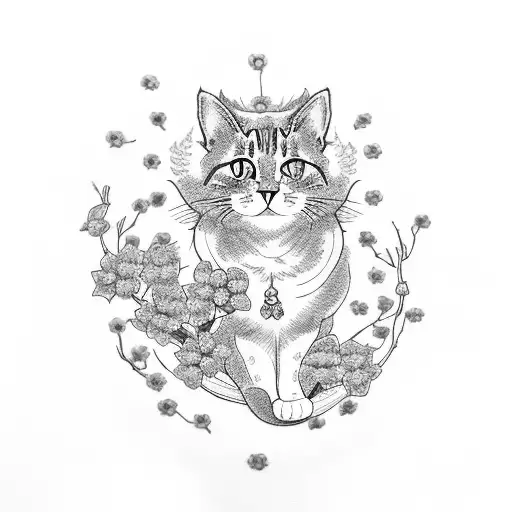 A Cat Surrounded By Cherry Blossom Motifs In White And Blue For The Lower Back