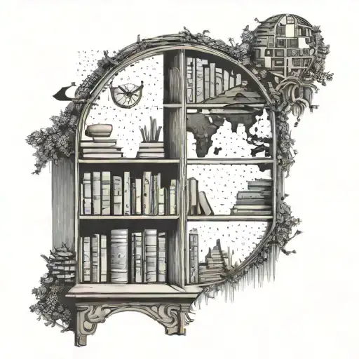 A Bookshelf With A Hidden Path Leading To Different Countries