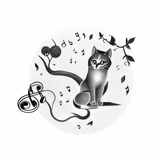 A Silhouette Of A Cat Sitting On A Tree Branch With Musical Notes Swirling Around
