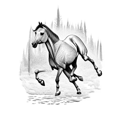 A Majestic Horse Jumping Over A Swampy Terrain Filled With Cypress Trees In Dotwork Style