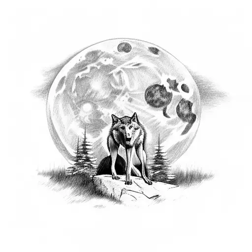 Wolf With Blue Eyes Exiting Pines Standing On A Rock Looking At The Moon