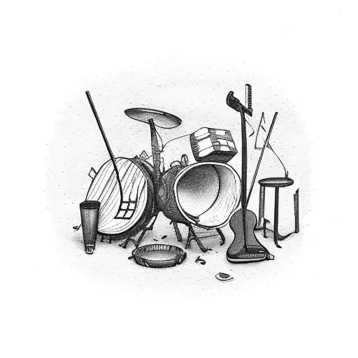 A Campfire Surrounded By Musical Instruments And Coffee Mugs