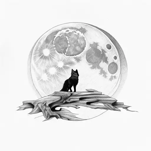 Wolf With Blue Eyes Exiting Pines Standing On A Rock Looking At The Moon