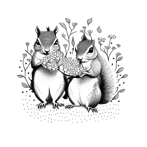 A Nature Scene With Squirrels Playing In A Field Of Wildflowers And Climbing On Tree Branches