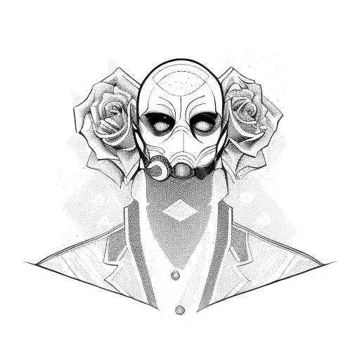 A Man Stands In A Uniform And In A Mask With A Rose In His Hand