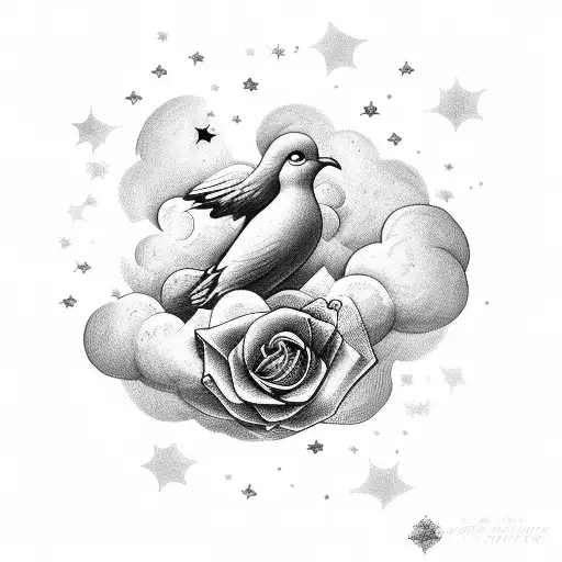 Clouds With Stars And Two Doves And A Rose
