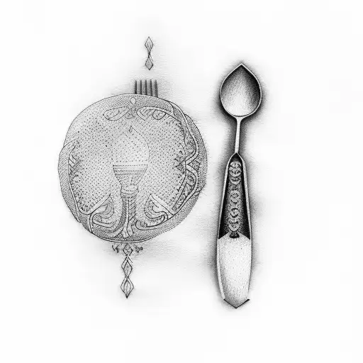 A Dotwork Tattoo Of A Chef's Knife And Fork Forming A Nordic Talisman