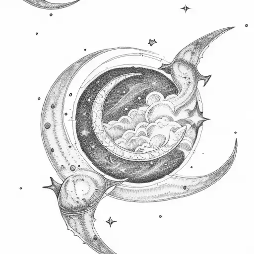 Crescent Moon With Draco Constellation And Cygnus Constellation