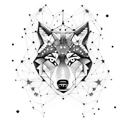 A Constellation Of Stars Forming A Wolf In Dotwork Style