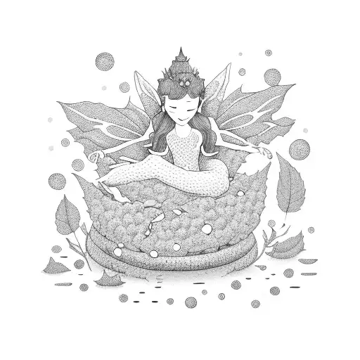 A Dotwork Illustration Of A Sleeping Fairy Resting On A Bed Of Marijuana Leaves