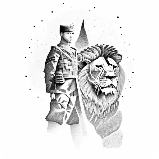 A Soldier Standing On A Mountain Cliff With A Lion By Their Side