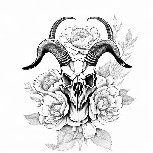 Ibex Skull Front View Surrounded By Peony Flowers