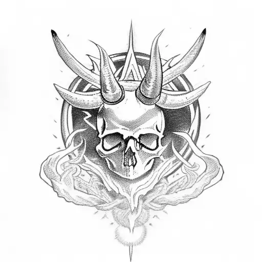 Skull Whit Horns And Fire Around Them And Pentagram