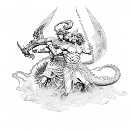 Wondertwins Reimagined As Greek God And Goddess Fighting Off A Dragon In A Make Stop Setting