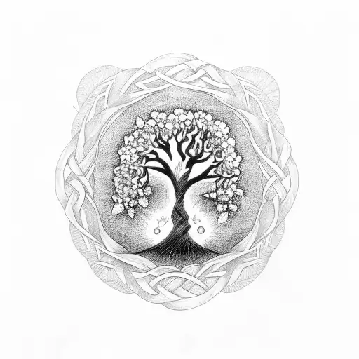 Irish Knot And Tree Of Life And Many Flowers