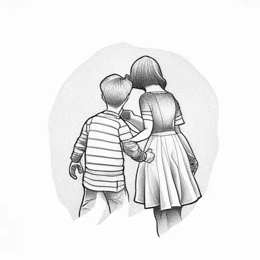 Mother Facing Backwards Holding Hands With A Son And Daughter