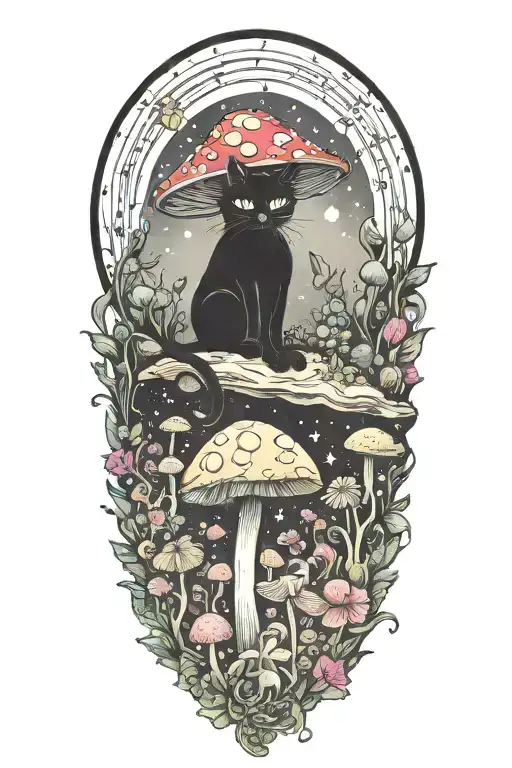 Black Cat And Trippy Colorful Mushrooms With Moon