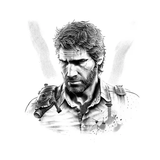 A Tattoo Of A Joel From The Last Of Us Enjoying A Sunny Day At The Beach In Dotwork Style