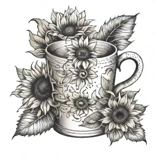 A Coffee Cup Surrounded By Sunflowers And Child-like Drawings