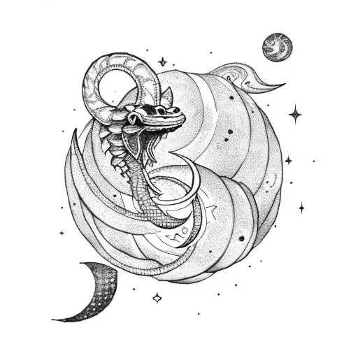 A Celestial Cobra Coiled Around A Crescent Moon