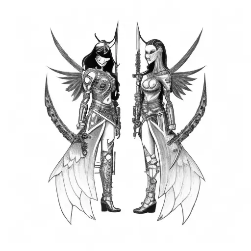 Goth Cyborg Gemini Sisters Facing Each Other Holding Valkyrie Dagger With Wings