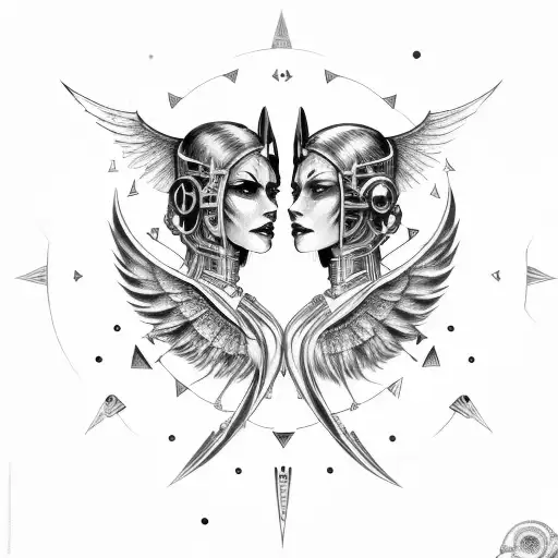 Goth Cyborg Sci Fi Smiling Gemini Sisters With A Winged Dagger In The Bottom