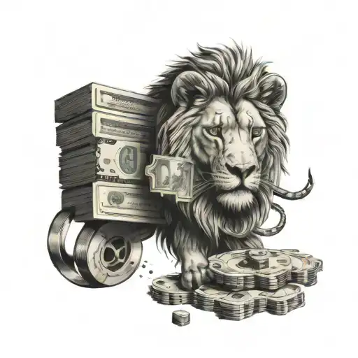 A Stack Of Money With Movie Reels As The Background And A Lion Peeking Out From Behind