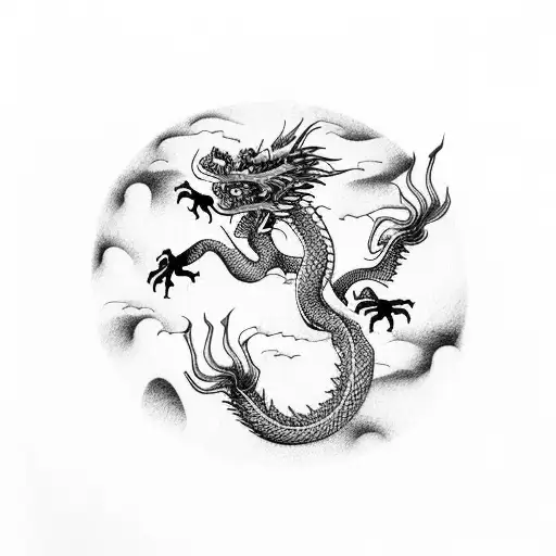 Chinese Dragon Flying Through A Stormy Sky
