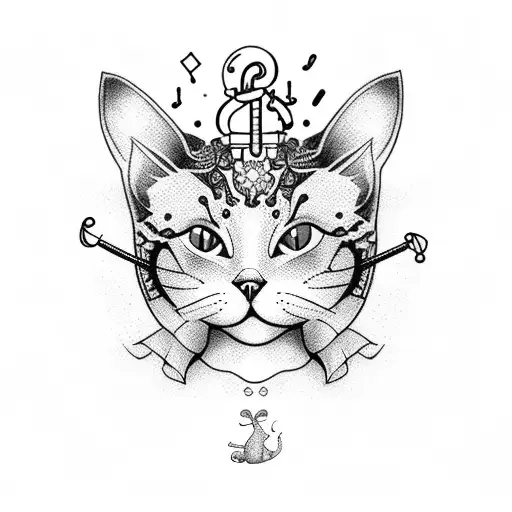 A Dotwork Tattoo Of A Nurse Holding A Cat And Surrounded By Musical Notes