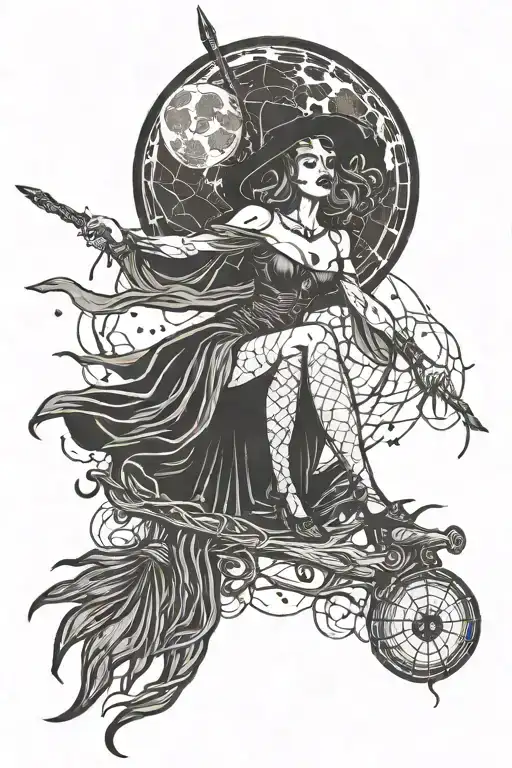 Witchy Woman With Spiderweb Fishnets On A Broom With A Big Moon Behind Her