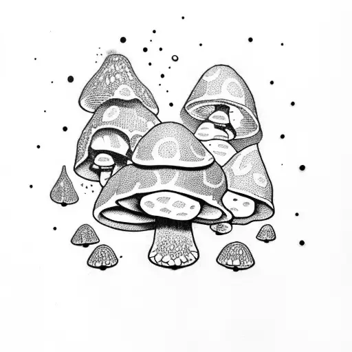 A Dotwork Tattoo Of A Magical Mushroom Growing On A Vine With Intricate Geometric Patterns