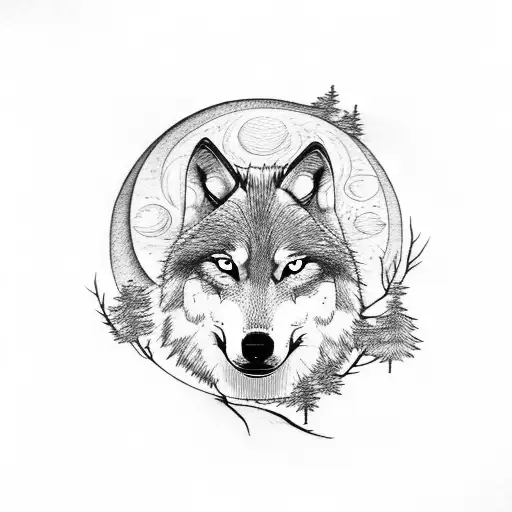 Wolf With Moon And Trees