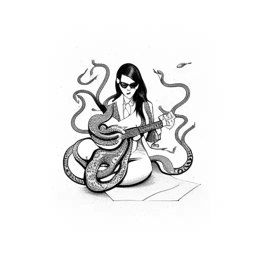 Businesswoman Playing Guitar Surrounded By Snakes
