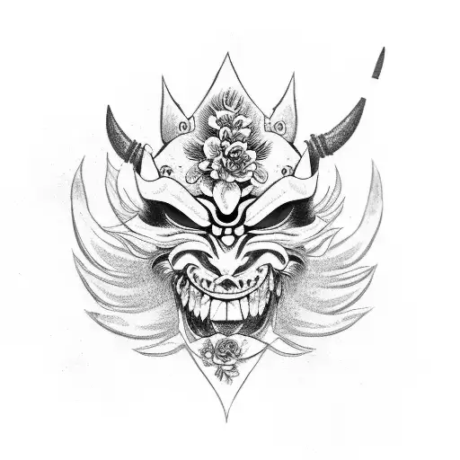 Oni Mask With Flowers And A Samurai Sword