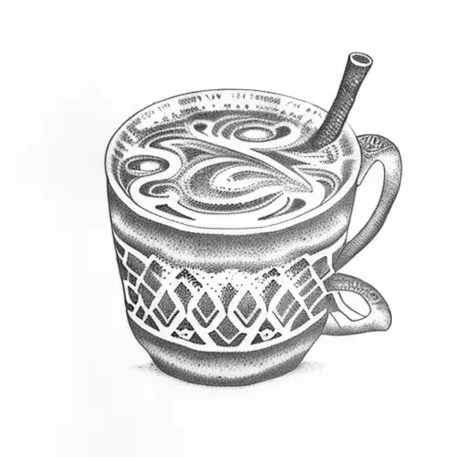 A Dotwork Tattoo Of A Coffee Cup With Intricate Designs Inspired By Farm Life