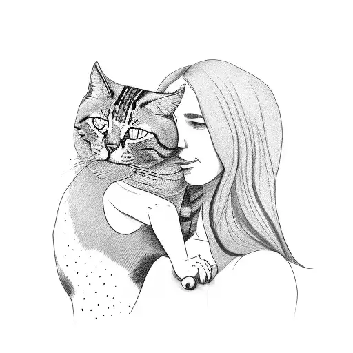 Mother Holding A Daughter And A Cat