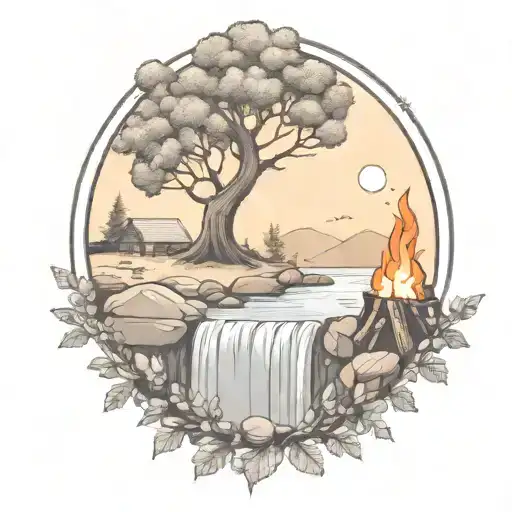 A Rowan Berry Tree And A Campfire Beside A River Waterfalling Down The Front