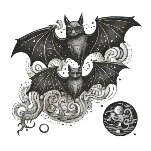 An Intricate Design Of A Bat And Jellyfish Dancing Together In A Cosmic Ocean