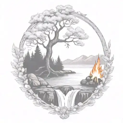 A River With A Campfire And A Rowan Tree On Either Side Of It Waterfalls Down The Front