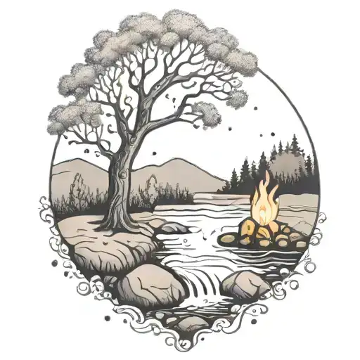A River With A Campfire And A Berry Tree Beside It Waterfalls Down The Front