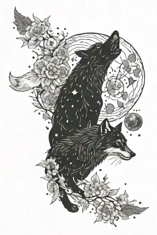 Skoll And Hati Chasing The Sun And Moon With Dark Florals And Stars As Space Fillera