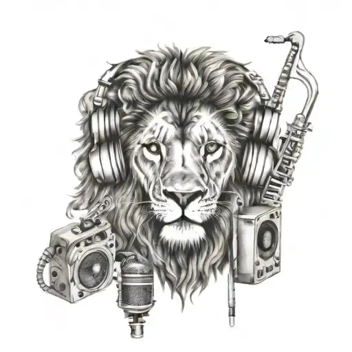 A Lion With Headphones Surrounded By Musical Instruments