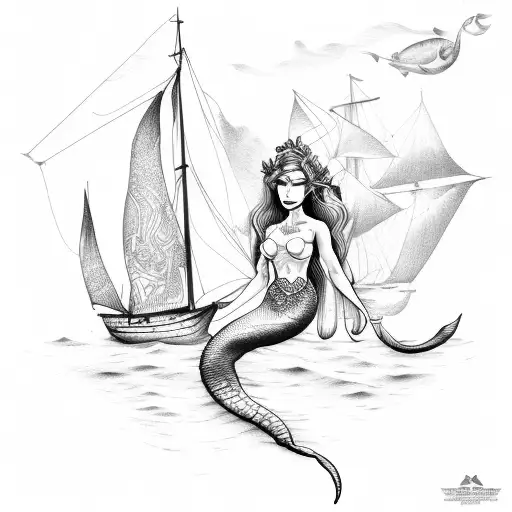 Mermaid In Nautical Environment Plus Sailsship