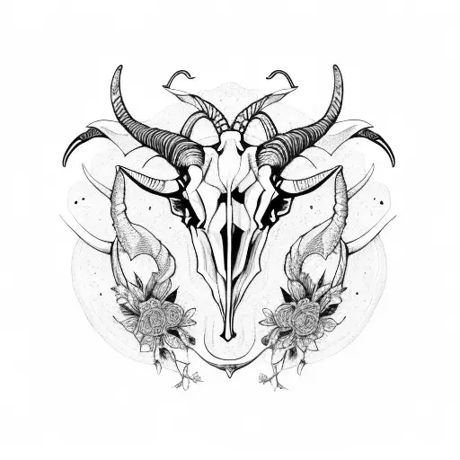 Capricorn Goat Skull Surrounded By Intricate Black Flowers