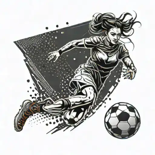 A Sleek And Modern Tattoo Design Featuring A Woman Playing Soccer In A Futuristic Style