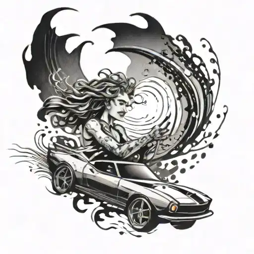 A Tattoo Design Featuring A Woman Driving A Fast Car With Chaotic Elements Swirling Around Her